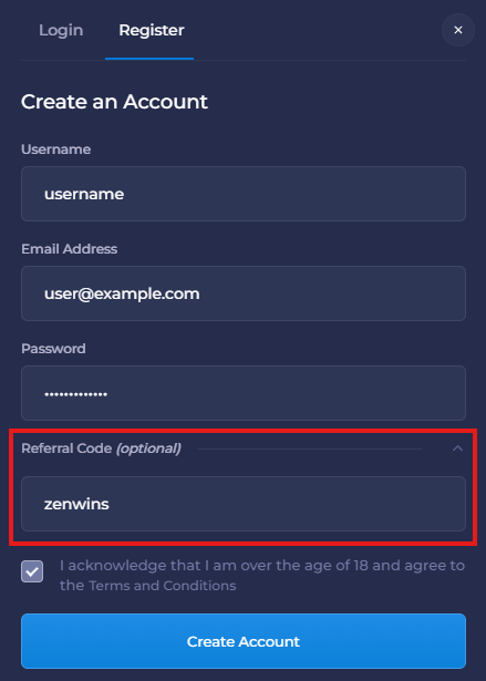 Rainbet signup showing referral code field